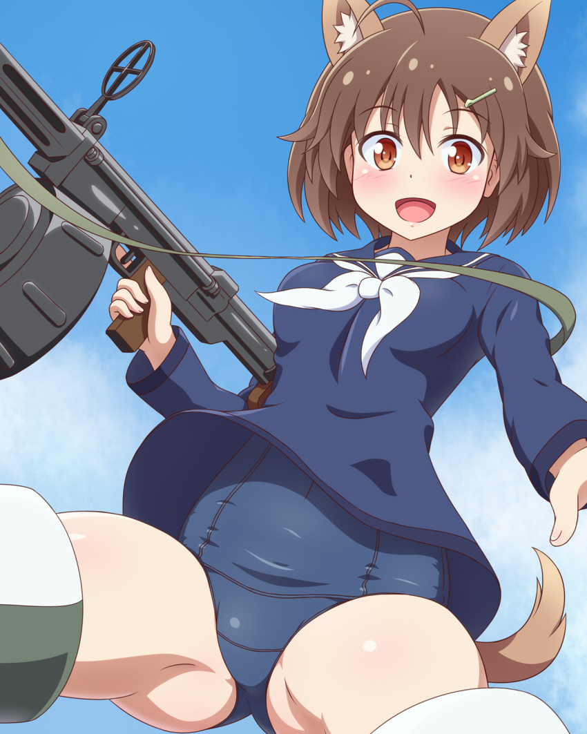 1girl animal_ears blouse blue_blouse brave_witches brown_eyes brown_hair gun hair_ornament hairclip highres holding holding_gun holding_weapon karibuchi_hikari looking_at_viewer old_school_swimsuit open_mouth school_swimsuit shiny shiny_hair shiny_skin short_hair smile solo spread_legs squirrel_ears squirrel_tail striker_unit swimsuit swimsuit_under_clothes tail thighs weapon world_witches_series yosuzu