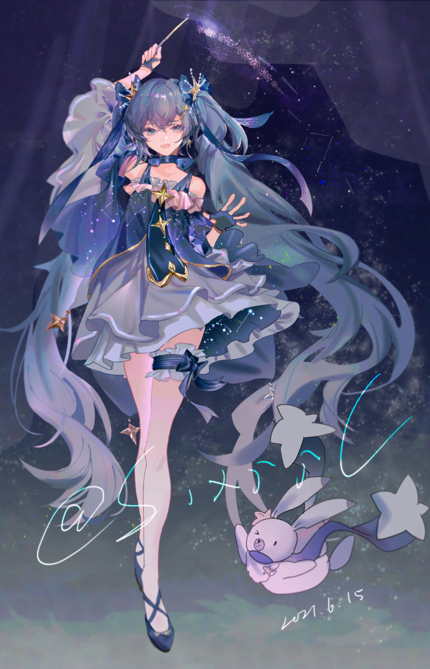 &gt;_o 1girl 1other absurdres arm_up bangs bare_shoulders blue_dress blue_eyes blue_gloves blue_hair blue_ribbon blue_sleeves commentary constellation_print detached_sleeves dress fingerless_gloves full_body gloves gold_trim hair_ornament hair_ribbon hatsune_miku highres huge_filesize long_hair looking_at_viewer one_eye_closed open_mouth rabbit rabbit_yukine ribbon signature sixii smile standing star_(symbol) star_hair_ornament star_ornament thigh_ribbon thigh_strap twintails very_long_hair vocaloid wand wide_sleeves yuki_miku yuki_miku_(2017)