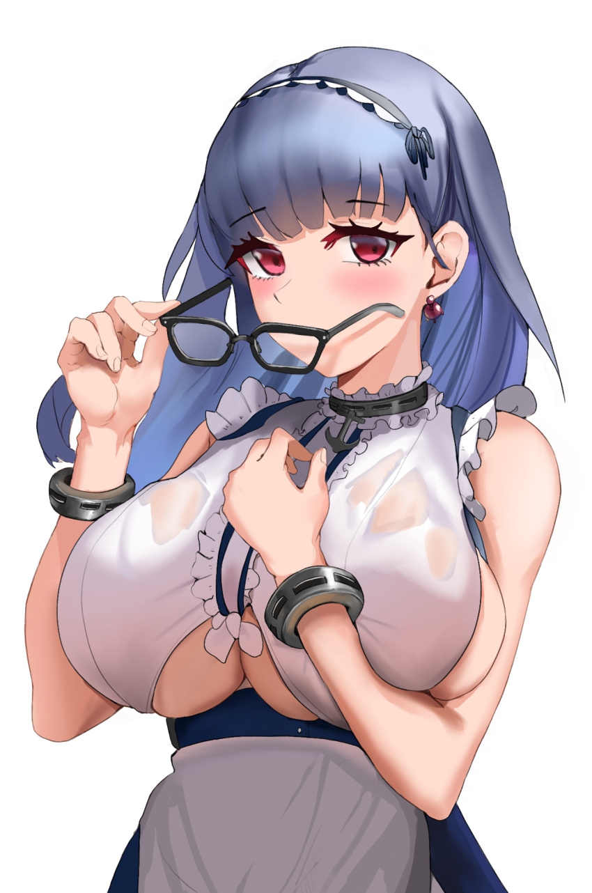 1girl anchor_symbol azur_lane bare_shoulders bespectacled blue_hair breasts clothing_cutout collar dido_(azur_lane) eyebrows_visible_through_hair frilled_shirt frills glasses highres holding holding_eyewear huge_breasts long_hair looking_at_viewer lovejin2015 metal_collar red_eyes shirt sideboob simple_background sleeveless sleeveless_shirt solo under_boob underboob_cutout wet wet_clothes wet_shirt white_background