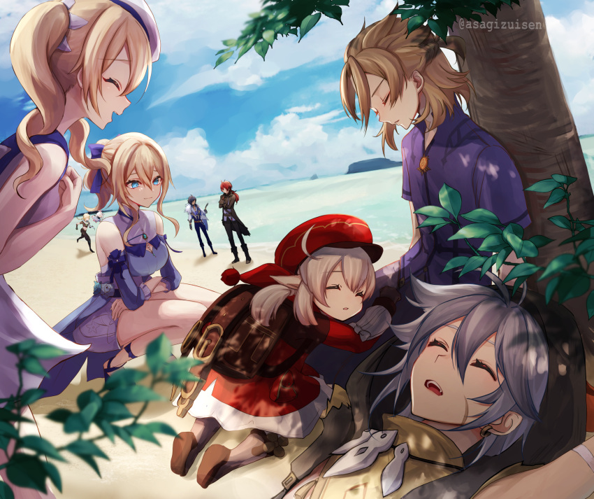 4girls 5boys :d ^_^ ^o^ aether_(genshin_impact) ahoge albedo_(genshin_impact) asagizuisen backpack bag bangs barbara_(genshin_impact) barbara_(summertime_sparkle)_(genshin_impact) barefoot beach black_hair blue_eyes blue_sky boots braid brown_footwear brown_hair cabbie_hat closed_eyes clouds cloudy_sky commentary_request detached_sleeves diluc_(genshin_impact) drill_hair eyebrows_visible_through_hair eyepatch floating fur_scarf genshin_impact hair_between_eyes hat highres hooded_coat horizon island jean_(genshin_impact) jean_(sea_breeze_dandelion)_(genshin_impact) kaeya_(genshin_impact) klee_(genshin_impact) knee_boots kneehighs light_brown_hair long_hair low_ponytail low_twintails lying_on_person multiple_boys multiple_girls ocean open_mouth paimon_(genshin_impact) parted_lips pointy_ears randoseru razor_(genshin_impact) redhead scar scar_on_cheek scar_on_face sidelocks silver_hair single_braid sky sleeping sleeping_on_person smile squatting twin_drills twintails vision_(genshin_impact) white_hair