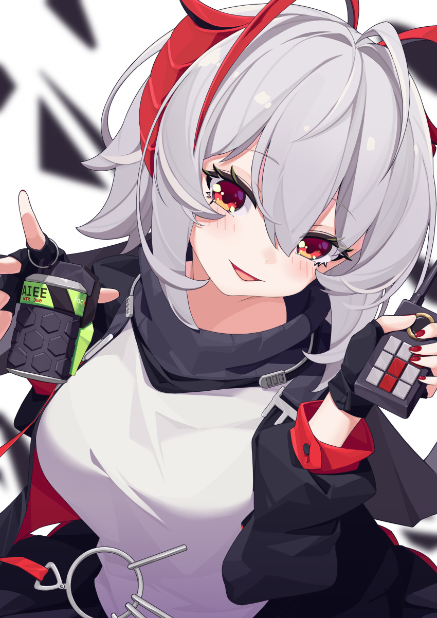 1girl absurdres ahoge aiee arknights black_gloves black_jacket black_scarf blurry blurry_background chinese_commentary demon_horns detonator fingerless_gloves gloves grey_hair hair_between_eyes highres holding_grenade holding_remote_control horns jacket open_clothes open_jacket open_mouth red_eyes scarf shirt short_hair solo upper_body w_(arknights) white_shirt