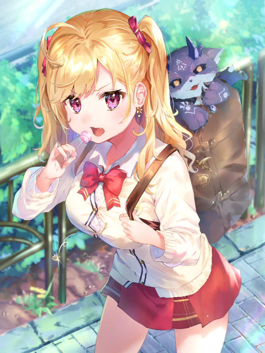 1girl ahoge bag bangs blonde_hair blurry blurry_background blush bow breasts candy collared_shirt commentary_request day debidebi_debiru depth_of_field earrings eyebrows_visible_through_hair fang food hair_bow highres holding holding_candy holding_food holding_lollipop in_bag in_container jacket jewelry lollipop long_hair looking_at_viewer medium_breasts nijisanji omelet_tomato open_mouth outdoors pleated_skirt railing red_bow red_skirt school_bag school_uniform shirt skirt takamiya_rion twintails v-shaped_eyebrows violet_eyes virtual_youtuber white_jacket white_shirt