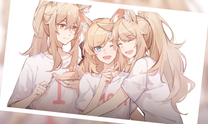 3girls alternate_costume animal_ear_fluff arknights aunt_and_niece black_bow blemishine_(arknights) blonde_hair blue_eyes blush bow cake closed_eyes clothes_writing commentary fang food fork gemi_25 hair_bow highres holding holding_fork holding_plate hug long_hair looking_at_another looking_at_viewer multiple_girls nearl_(arknights) one_eye_closed open_mouth photo_(object) plate ponytail shirt siblings sisters upper_body whislash_(arknights) white_shirt yellow_eyes