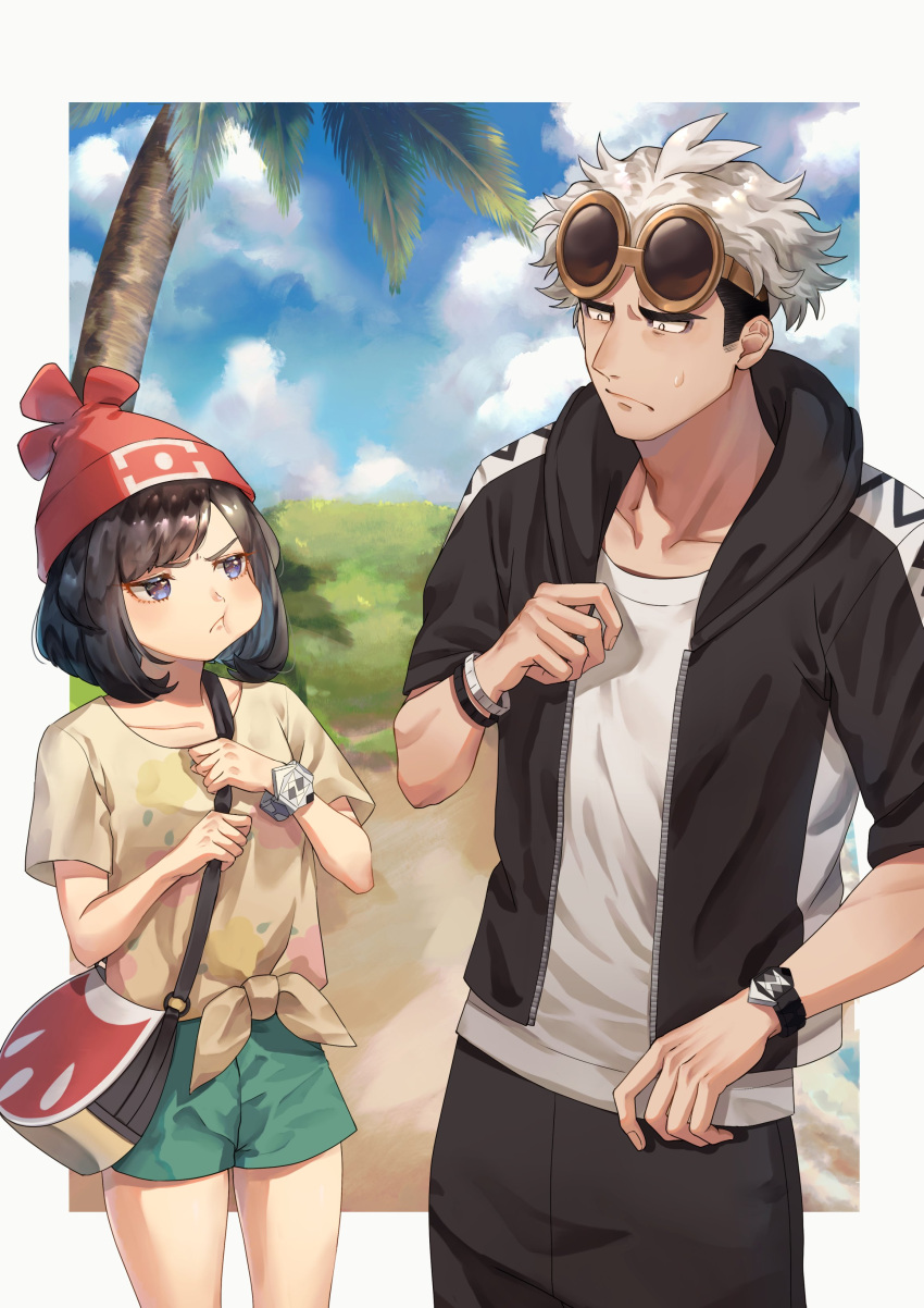 1boy 1girl absurdres bag beanie between_breasts black_hair border bracelet breasts brown_hair closed_mouth clouds collarbone commentary_request day eye_contact eyewear_on_head floral_print green_shorts grey_eyes guzma_(pokemon) hand_up hat highres holding_strap hood hooded_jacket jacket jewelry looking_at_another medium_hair multicolored_hair open_clothes open_jacket outdoors outside_border palm_tree pants pokemon pokemon_(game) pokemon_sm pout red_headwear selene_(pokemon) shiny shiny_hair shirt short_sleeves shorts shoulder_bag sky strap_between_breasts sunglasses sweatdrop t-shirt team_skull tree two-tone_hair undercut white_border white_hair white_shirt yellow-framed_eyewear yellow_shirt yoshiyoshiwa