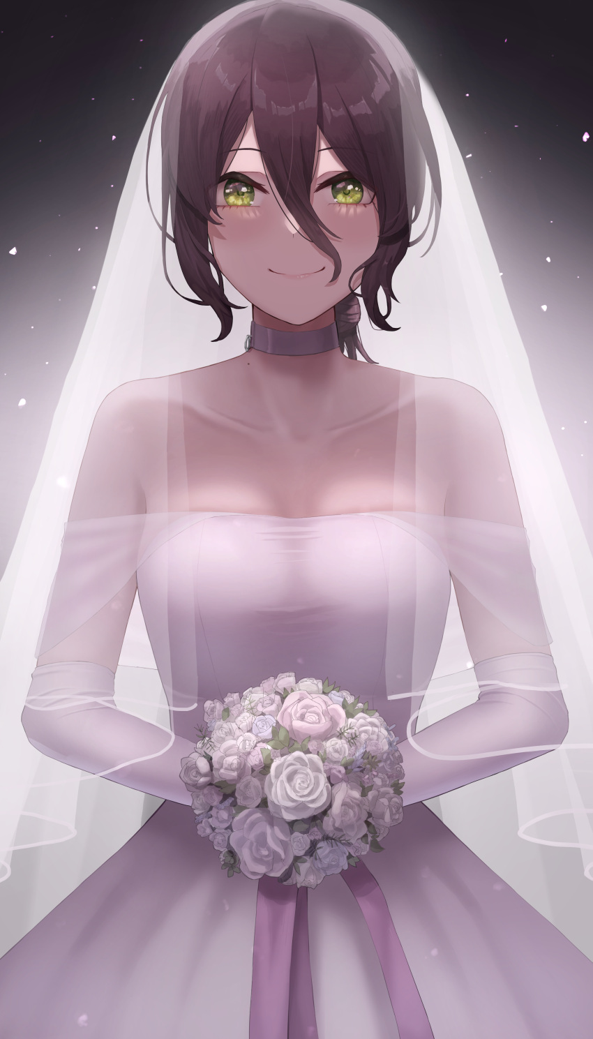 1girl absurdres alternate_costume bare_shozulders black_background black_hair blush bouquet breasts bridal_veil chainsaw_man closed_mouth collarbone commentary dress elbow_gloves english_commentary flower gloves gradient gradient_background green_eyes grenade_pin hair_between_eyes hair_bun highres holding holding_bouquet lips looking_at_viewer medium_breasts mole off-shoulder_dress off_shoulder purple_ribbon reze_(chainsaw_man) ribbon rose short_hair silver_choker simple_background smile solo tare_negima upper_body veil wedding_dress white_dress white_flower white_gloves white_rose