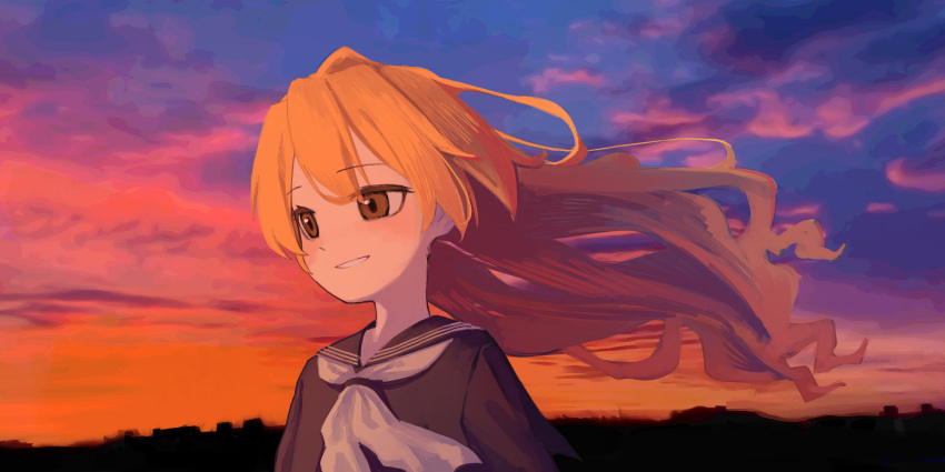 1girl absurdres aisaka_taiga bangs black_sailor_collar black_shirt bow brown_eyes brown_hair character_request check_character check_copyright clouds copyright_request floating_hair grin highres long_hair long_sleeves looking_at_viewer outdoors sailor_collar school_uniform shirt sky smile solo sunset toradora! upper_body white_bow white_neckwear yoon_cook