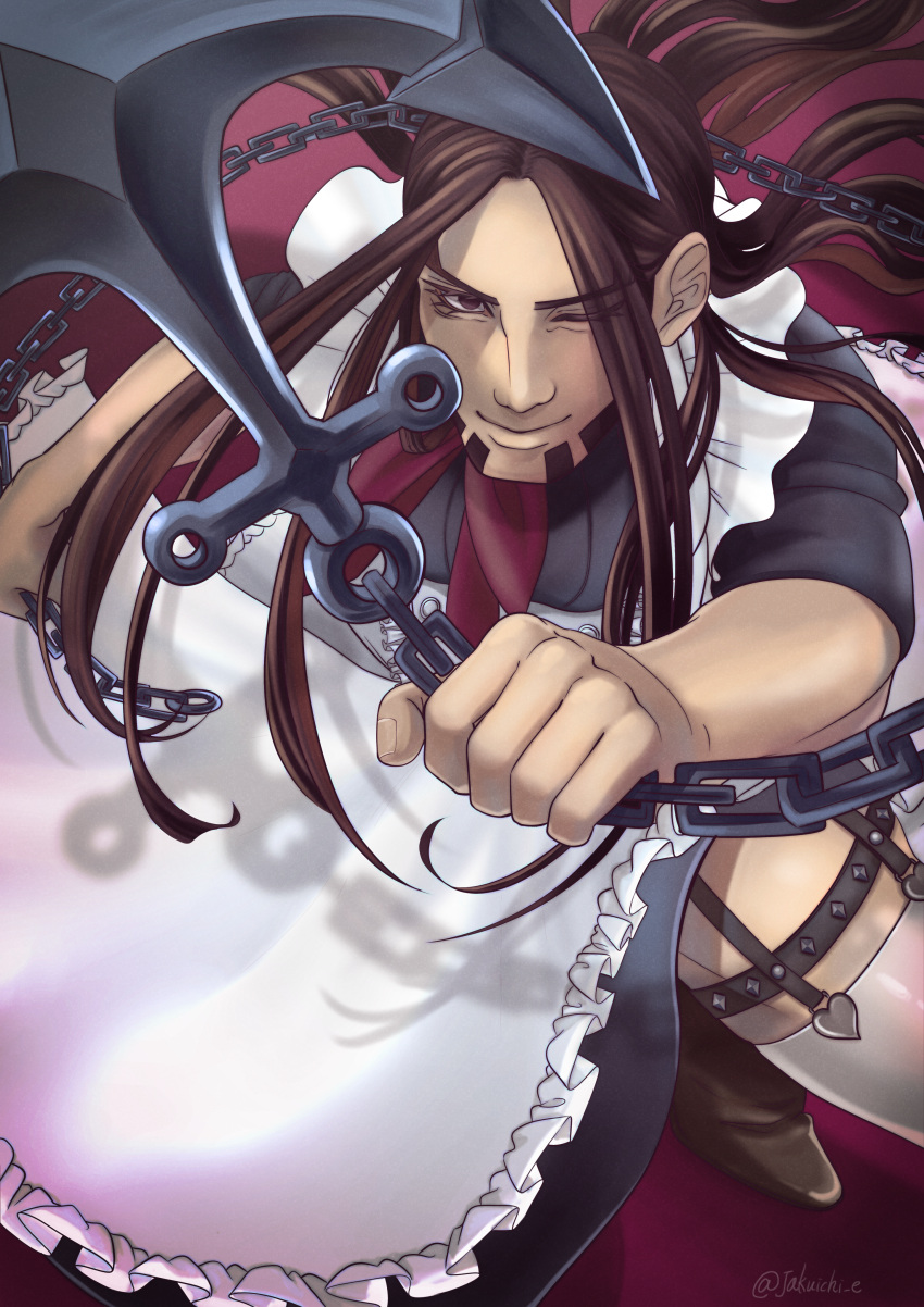 1boy absurdres alternate_costume anchor beard brown_footwear brown_hair chain enmaided facial_hair garter_straps golden_kamuy highres holding holding_weapon huge_filesize long_hair maid maid_day male_focus one_eye_closed oosawa_fusatarou purple_background purple_neckwear short_sleeves simple_background solo thigh-highs twitter_username very_long_hair weapon white_legwear xishi_(jakuichi_e)