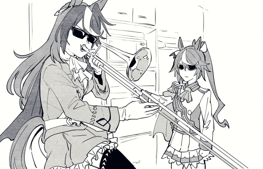 2girls air_groove_(umamusume) animal_ears breasts clenched_hand cravat epaulettes gloves greyscale high_ponytail highres horse_ears horse_girl horse_tail instrument jacket long_hair medium_breasts meme monochrome multicolored_hair multiple_girls music playing_instrument ponytail single_epaulette skirt sunglasses symboli_rudolf_(umamusume) tail tail_through_clothes takatsuki_nato thigh-highs tokai_teio_(umamusume) trombone umamusume when_mama_isn't_home
