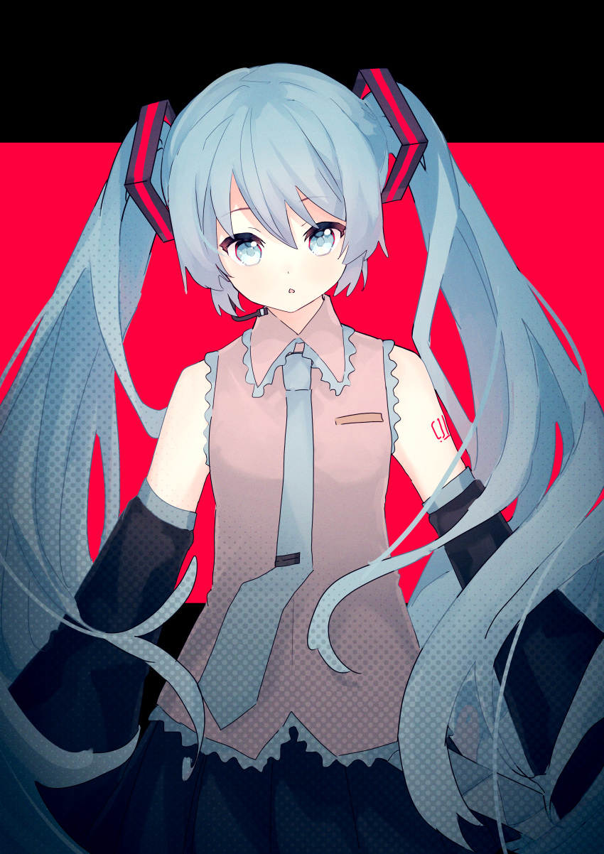 1girl :o absurdres bangs black_background black_skirt blue_eyes blue_hair blue_neckwear collared_shirt commentary cowboy_shot detached_sleeves eyebrows_visible_through_hair grey_shirt hair_between_eyes hatsune_miku headset highres huge_filesize long_hair looking_at_viewer necktie parted_lips pleated_skirt red_background shiratakiseaice shirt skirt sleeveless sleeveless_shirt solo tie_clip twintails two-tone_background vocaloid