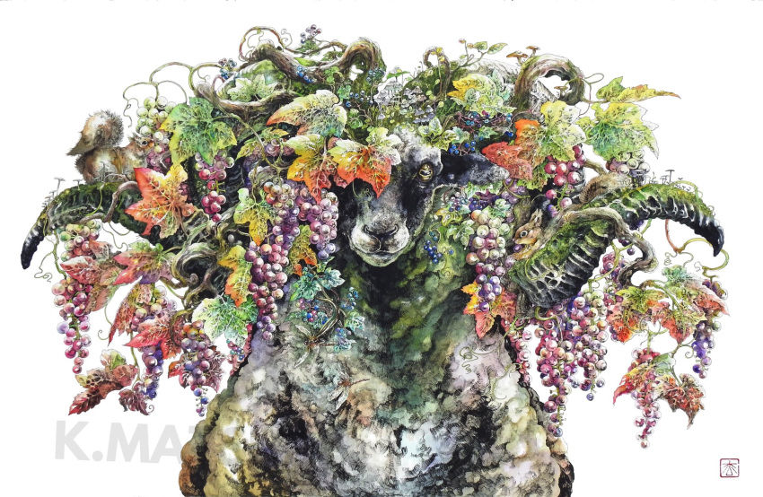 animal animal_focus branch commentary_request food fruit grapes highres horizontal_pupils horns keso901005 leaf no_humans one_eye_covered original plant sheep sheep_horns simple_background squirrel white_background