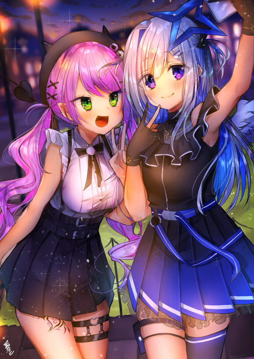 2girls :d absurdres amane_kanata angel_wings arm_up armpits beret blue_hair casual cellphone colored_inner_hair demon_tail ear_piercing fingerless_gloves gloves green_eyes hair_ornament hairclip hat highres hololive huge_filesize long_hair low_twintails multicolored_hair multiple_girls open_mouth phone piercing purple_hair sakamiya_tsuto silver_hair single_thighhigh skirt smile suspender_skirt suspenders tail thigh-highs thigh_tattoo tokoyami_towa twintails two-tone_hair two_side_up v violet_eyes virtual_youtuber wings