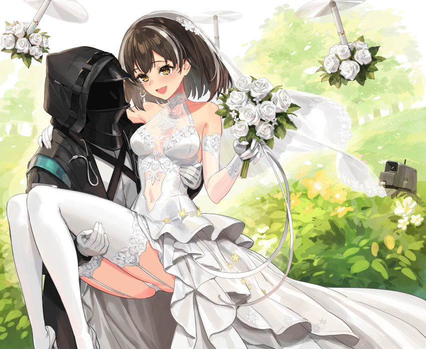 1girl 1other :d absurdres arknights black_coat blush breasts bridal_veil brown_hair bush carrying coat covered_navel day doctor_(arknights) dress drone earrings elbow_gloves eyebrows_visible_through_hair feet_out_of_frame flower frilled_dress frills garter_straps glint gloves hair_ornament high_heels highres holding holding_flower hood hood_up hooded_coat jewelry long_dress magallan_(arknights) medium_breasts multicolored_hair open_mouth outdoors panties pantyshot princess_carry robot rose see-through short_hair sigm@ silver_hair single_earring sleeveless sleeveless_dress smile snowflake_hair_ornament streaked_hair thigh-highs thighs two-tone_hair underwear veil wedding_dress white_flower white_footwear white_gloves white_legwear white_panties white_rose yellow_eyes