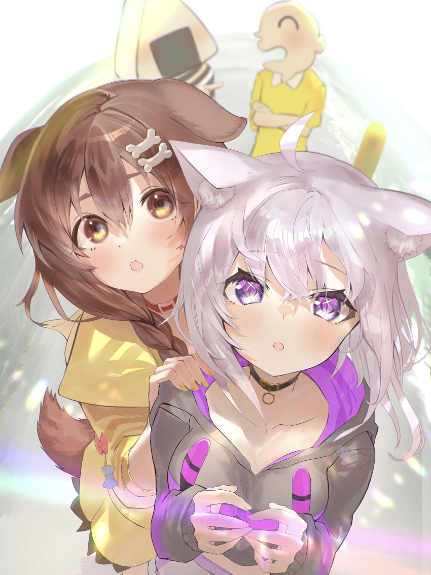 2girls :o absurdres ahoge animal_ear_fluff animal_ears bangs black_choker black_hoodie blush bone_hair_ornament braid breasts brown_eyes brown_hair cat_ears cat_girl choker commentary_request dog_ears dog_girl dog_tail dress eyebrows_visible_through_hair from_above hair_between_eyes hair_ornament hand_on_another's_shoulder hands_up highres hololive hood hood_down hoodie inugami_korone kaoswald listener_(inugami_korone) long_hair long_sleeves looking_at_viewer medium_breasts multiple_girls nail_polish nekomata_okayu onigirya_(nekomata_okayu) red_choker short_hair tail violet_eyes virtual_youtuber yellow_dress yellow_nails