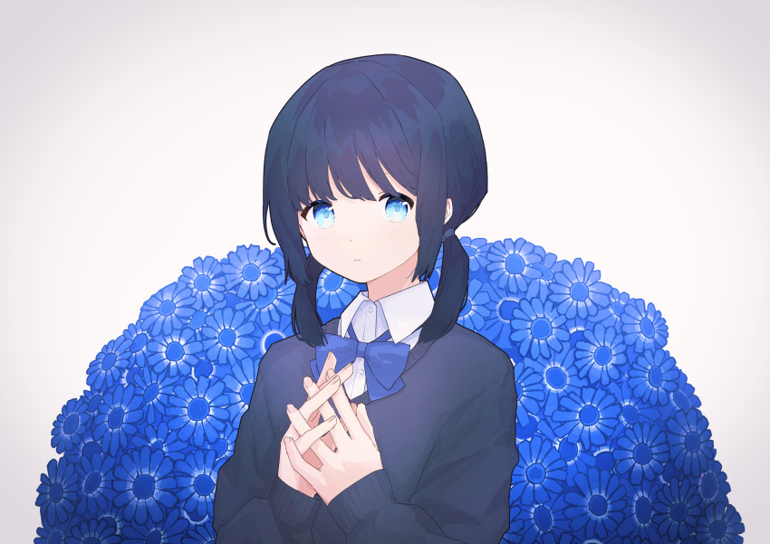1girl absurdres bangs black_hair black_sweater blue_eyes blue_flower blue_neckwear bow bowtie closed_mouth collared_shirt commentary_request expressionless flower grey_background hair_tie hands_up highres interlocked_fingers long_sleeves looking_at_viewer medium_hair original school_uniform shiratakiseaice shirt simple_background solo sweater twintails upper_body white_shirt
