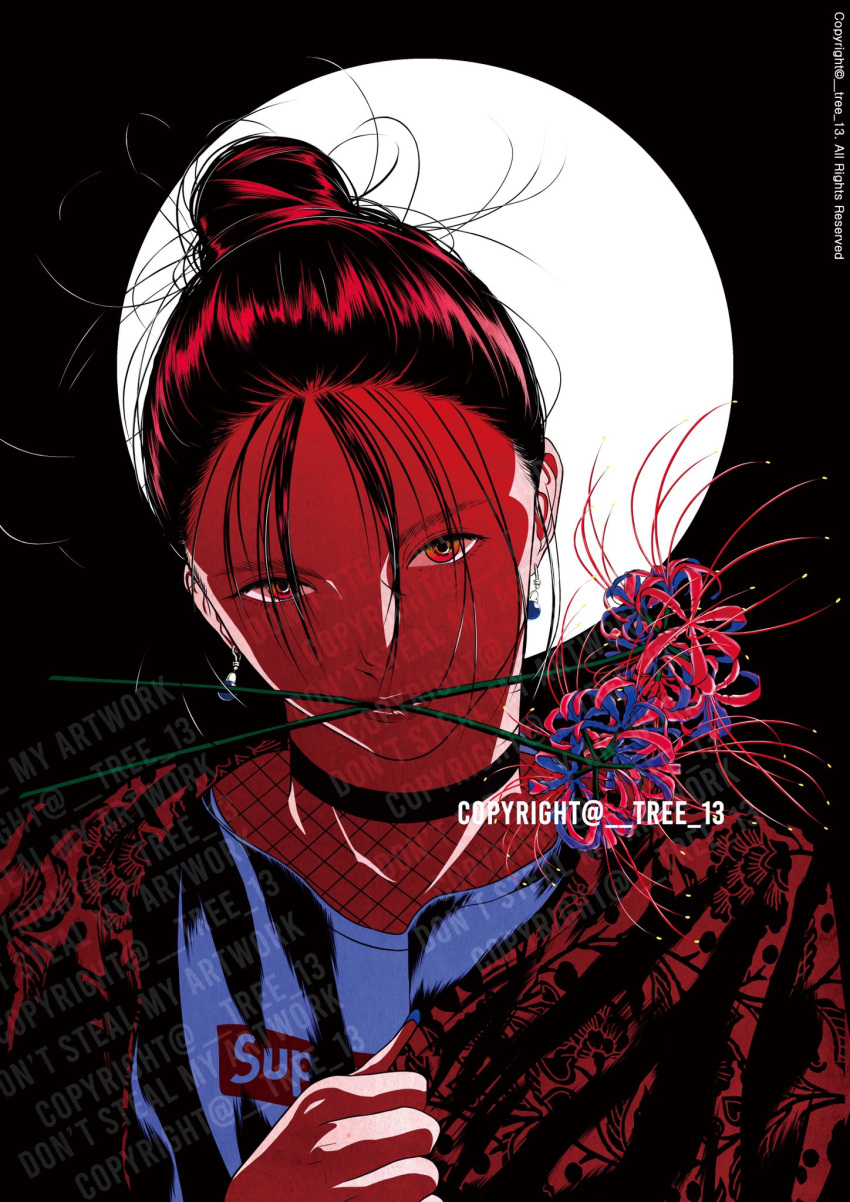 1girl backlighting black_hair circle earrings flower hair_bun highres jewelry looking_at_viewer mouth_hold original red_eyes red_flower solo spider_lily tree_13 upper_body