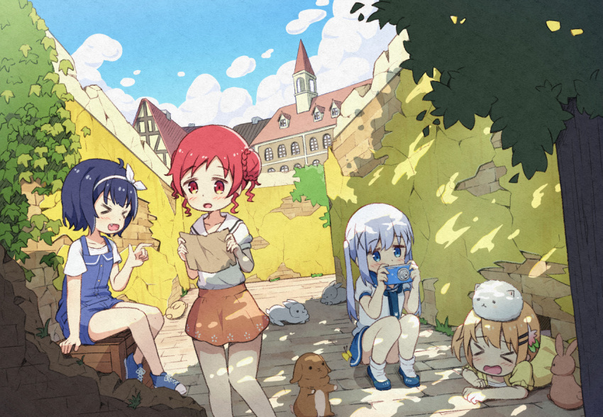 &gt;_&lt; 4girls :d alternate_hairstyle angora_rabbit blue_eyes blue_hair camera chestnut_mouth closed_eyes d: dark_blue_hair dx flower gochuumon_wa_usagi_desu_ka? hair_flower hair_ornament hoto_cocoa jouga_maya kafuu_chino light_blue_hair mohei multiple_girls natsu_megumi open_mouth orange_hair outdoors pointing rabbit red_eyes redhead school_uniform serafuku shoes short_sleeves skirt smile socks squatting tippy_(gochiusa) twintails x_hair_ornament xd