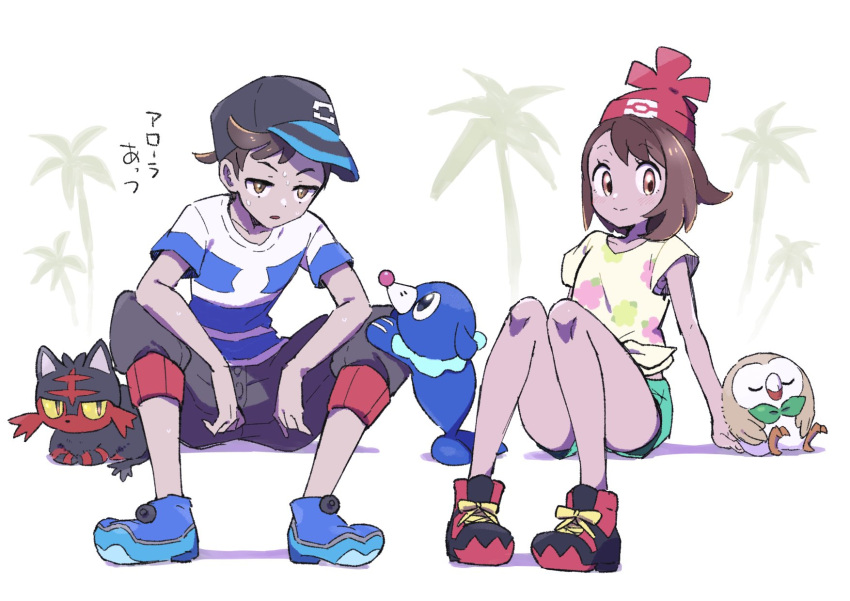 1boy 1girl arm_support bangs baseball_cap beanie black_headwear blue_footwear brown_eyes brown_hair capri_pants closed_mouth elio_(pokemon) eyelashes floral_print gen_7_pokemon green_shorts hat highres litten mikanbako_(aitatadon3) palm_tree pants pokemon pokemon_(creature) pokemon_(game) pokemon_sm popplio red_headwear rowlet selene_(pokemon) shirt shoes short_hair short_shorts short_sleeves shorts sitting smile starter_pokemon_trio striped striped_shirt sweat symbol_commentary t-shirt tied_shirt tree