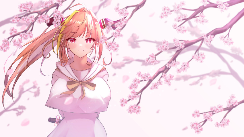 1girl absurdres ahoge arms_behind_back bangs blonde_hair blush branch breasts bright_pupils cherry_blossoms closed_mouth commentary_request diploma dragon_girl dragon_horns eyebrows_visible_through_hair falling_petals fang floating_hair hair_intakes highres holding hololive horns kiryu_coco large_breasts light_particles long_hair looking_at_viewer multicolored_hair neck_ribbon orange_hair petals pink_theme pointy_ears ponytail red_eyes ribbon sailor_collar school_uniform serafuku sidelocks simple_background skin_fang slit_pupils smile solo sora_shitatoge standing streaked_hair upper_body virtual_youtuber white_background white_pupils yellow_neckwear