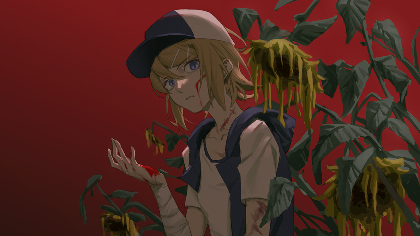 1girl backlighting backpack bag bandaged_arm bandages baseball_cap blonde_hair blood blood_on_arm blood_on_face bloody_hands blue_eyes collarbone commentary flower hair_ornament hairclip hand_up hat kagamine_rin looking_at_viewer parted_lips red_background shirt short_hair short_sleeves solo sunflower upper_body vocaloid white_shirt wide-eyed withered wounds404 yellow_flower