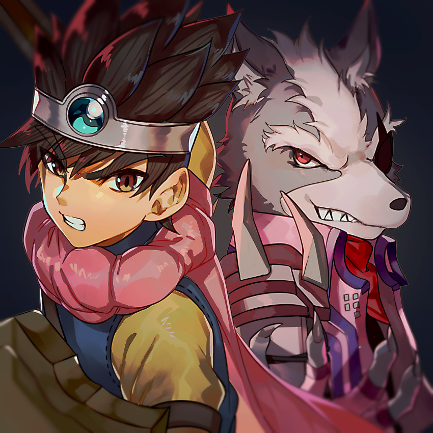2boys absurdres angry black_hair brown_hair cape dragon_quest dragon_quest_iii eyepatch furry gloves hair_ornament highres looking_at_viewer multiple_boys roto short_hair simple_background smile star_fox super_smash_bros. wolf_o'donnell yasaikakiage