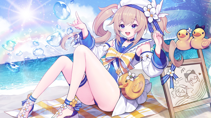 2girls barbara_(genshin_impact) bare_legs bare_shoulders beach bird blonde_hair blue_eyes blue_sky bow bowtie choker detached_sleeves drawing duck feet full_body genshin_impact high_heels highres jean_(genshin_impact) kyundoo legs long_sleeves multiple_girls ocean open_mouth raibow siblings sisters sitting sky smile twintails