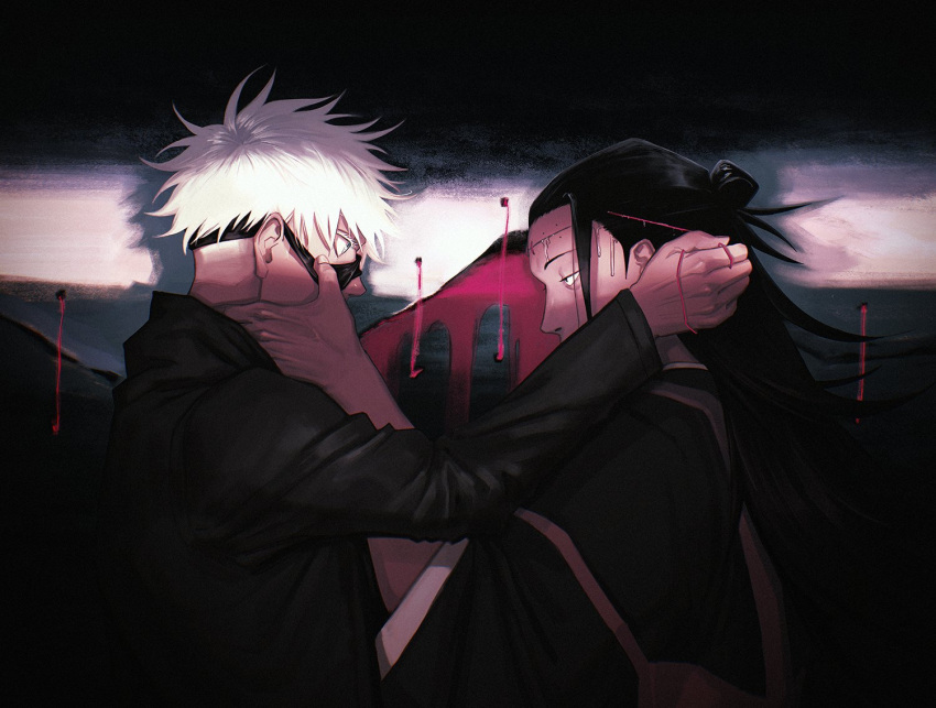 2boys black_eyes black_hair black_jacket blindfold blindfold_removed blue_eyes covered_mouth english_commentary getou_suguru gojou_satoru hair_bun half-closed_eyes halveablock hand_on_another's_cheek hand_on_another's_face high_collar jacket jujutsu_kaisen long_hair long_sleeves looking_at_another male_focus multiple_boys outstretched_arm polar_opposites pulling short_hair stitches string upper_body white_hair