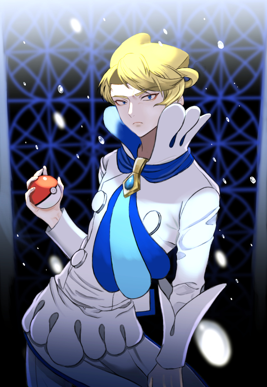 1boy absurdres apron ascot bangs blonde_hair blue_eyes blue_neckwear blurry closed_mouth commentary_request elite_four hand_up high_collar highres holding holding_poke_ball long_sleeves looking_at_viewer male_focus okuro_zmzm poke_ball poke_ball_(basic) pokemon pokemon_(game) pokemon_xy shirt short_hair siebold_(pokemon) solo swept_bangs white_shirt