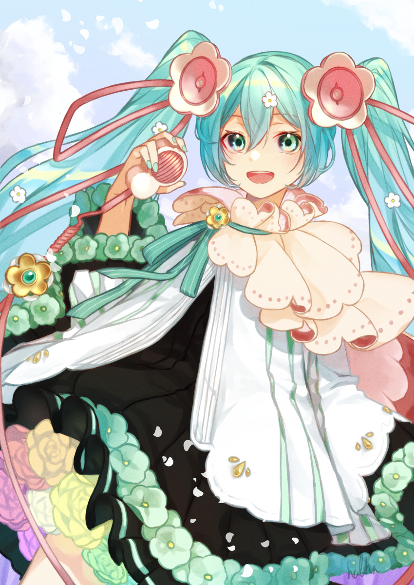 1girl absurdres aqua_eyes aqua_flower aqua_hair aqua_nails black_skirt cable cape clouds commentary dress_flower flower green_flower hair_flower hair_ornament halha_20 hatsune_miku highres huge_filesize long_hair magical_mirai_(vocaloid) medallion microphone nail_polish orange_flower outdoors petals pink_flower pleated_skirt purple_flower rainbow shirt skirt smile solo twintails very_long_hair vocaloid white_flower white_shirt wide_sleeves yellow_flower