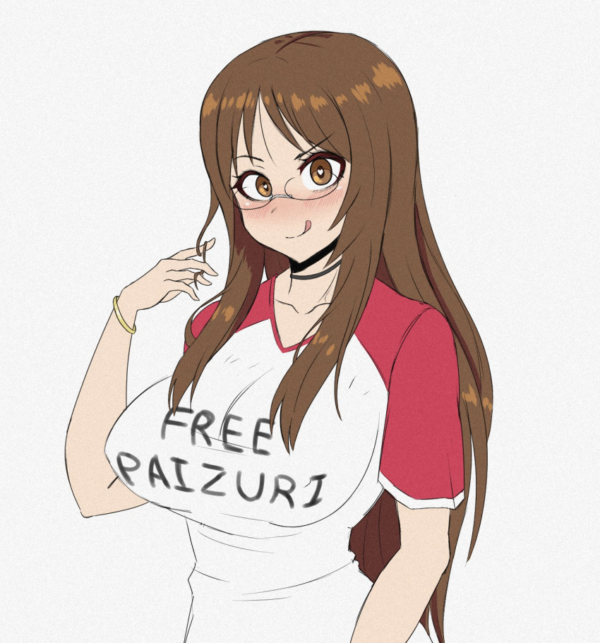 1girl :q adjusting_hair bracelet breasts brown_eyes brown_hair choker collarbone eyebrows_visible_through_hair fuck-me_shirt glasses hair_twirling heart heart-shaped_pupils highres jewelry k-on! large_breasts long_hair looking_at_viewer meme_attire short_sleeves solo symbol-shaped_pupils tongue tongue_out upper_body yamanaka_sawako young_savage