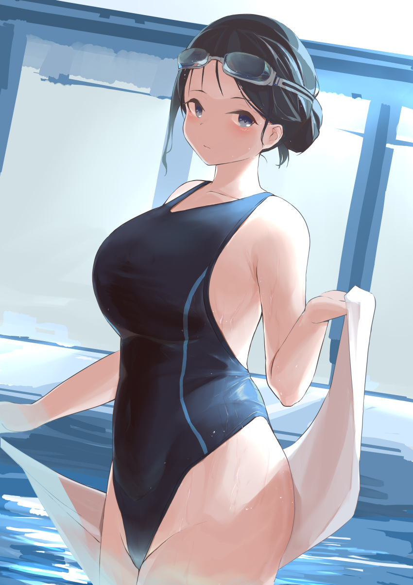 1girl absurdres black_eyes black_hair black_swimsuit breasts chinese_commentary commentary_request competition_swimsuit cowboy_shot curvy goggles goggles_on_head hair_bun highres large_breasts long_hair looking_at_viewer one-piece_swimsuit original painnico solo swimsuit towel white_towel