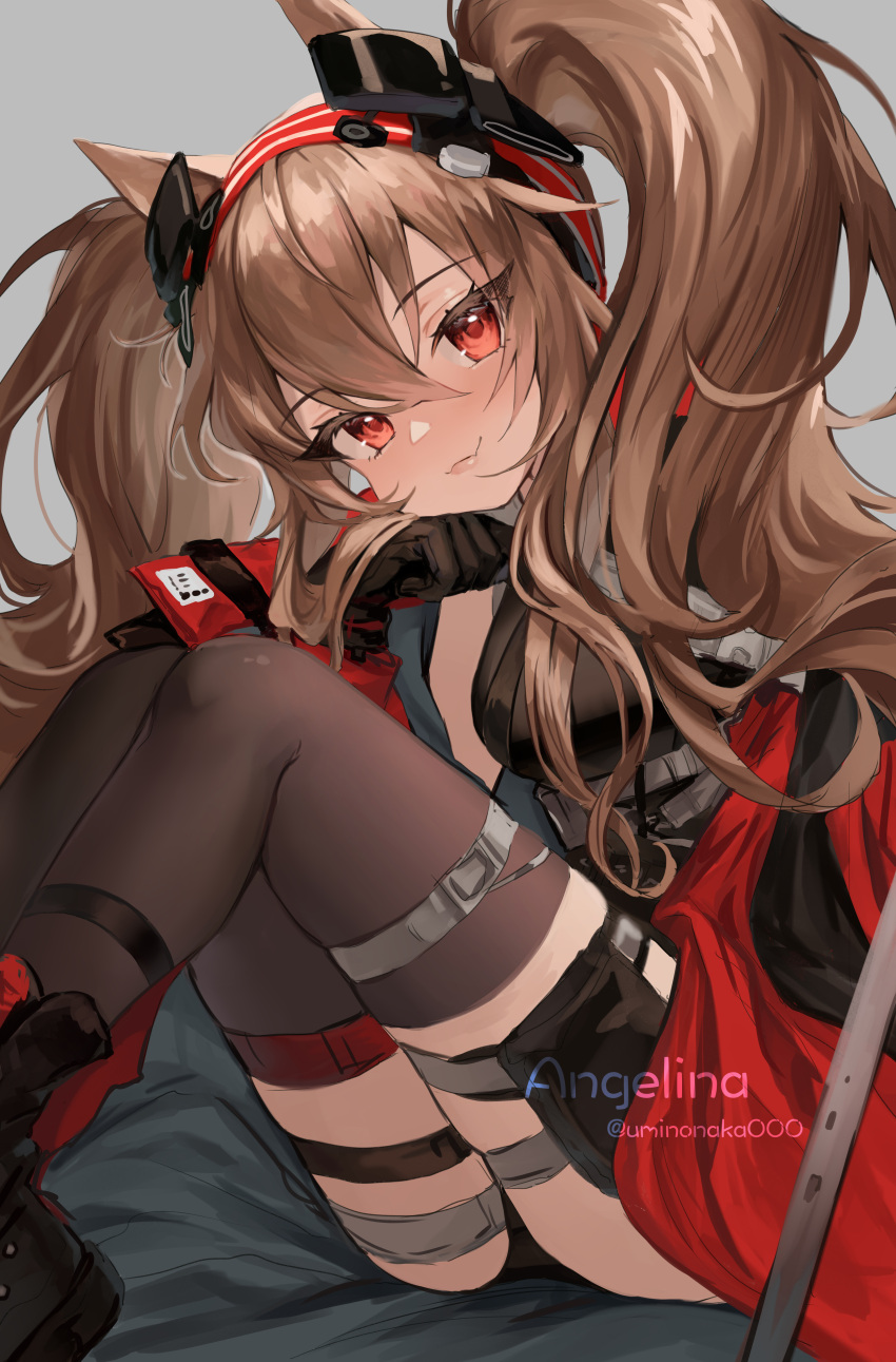 1girl absurdres angelina_(arknights) angelina_(distinguished_visitor)_(arknights) animal_ears ankle_strap arknights belt black_footwear black_gloves black_legwear black_shirt blush boots breasts brown_hair character_name closed_mouth commentary_request earpiece fang fox_ears gloves grey_background hair_between_eyes hairband head_rest highres huge_filesize jacket knees_up legs_together long_hair looking_at_viewer medium_breasts official_alternate_costume open_clothes open_jacket red_eyes red_jacket shirt sitting skin_fang smile solo strap thigh-highs thigh_strap thighs twintails twitter_username u_(uminonaka000) very_long_hair