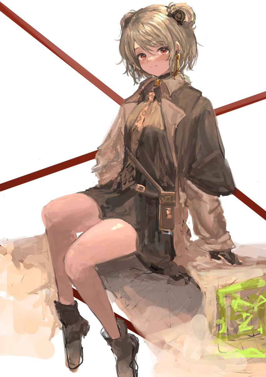 1girl absurdres brown_hair commentary_request double_bun full_body girls_frontline highres looking_at_viewer maria_(syake-uni) p90_(girls'_frontline) red_eyes simple_background sitting sketch solo white_background