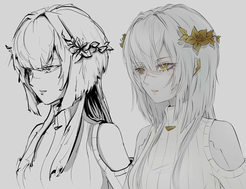 1girl android artist_progress banefury bangs clothing_cutout english_commentary eyebrows_visible_through_hair flower grey_background hair_flower hair_ornament highres indie_virtual_youtuber looking_ahead metal_skin parted_lips scar scar_on_face science_fiction shoulder_cutout silver_hair sketch sweater the_cecile_(vtuber) turtleneck turtleneck_sweater upper_body virtual_youtuber yellow_eyes