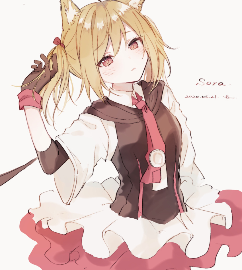 1girl animal_ear_fluff animal_ears arknights black_gloves black_jacket blonde_hair blush bow character_name collar commentary_request cowboy_shot dated eyebrows_visible_through_hair frilled_skirt frills gloves hair_bow hand_in_hair highres jacket looking_at_viewer medium_hair necktie nstlgie parted_lips red_eyes red_neckwear red_skirt short_sleeves signature simple_background skirt solo sora_(arknights) twintails white_background white_collar white_skirt wolf_ears