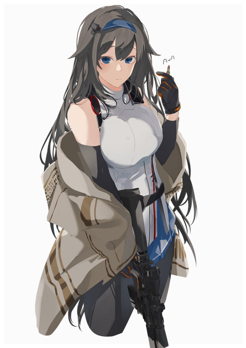 1girl arm_warmers bangs bare_shoulders black_hair blue_eyes breasts bullet commission expressionless girls_frontline gloves hair_flaps highres large_breasts long_hair pantyhose skeb_commission solo super_sass super_sass_(girls_frontline) sutekina_awa very_long_hair