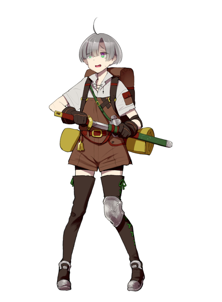 1boy ahoge backpack bag belt belt_buckle buckle full_body gloves green_eyes grey_hair highres holding holding_sword holding_weapon male_focus multicolored multicolored_eyes open_mouth original sheath short_hair simple_background solo standing sweatdrop sword thigh-highs violet_eyes weapon white_background z-ton