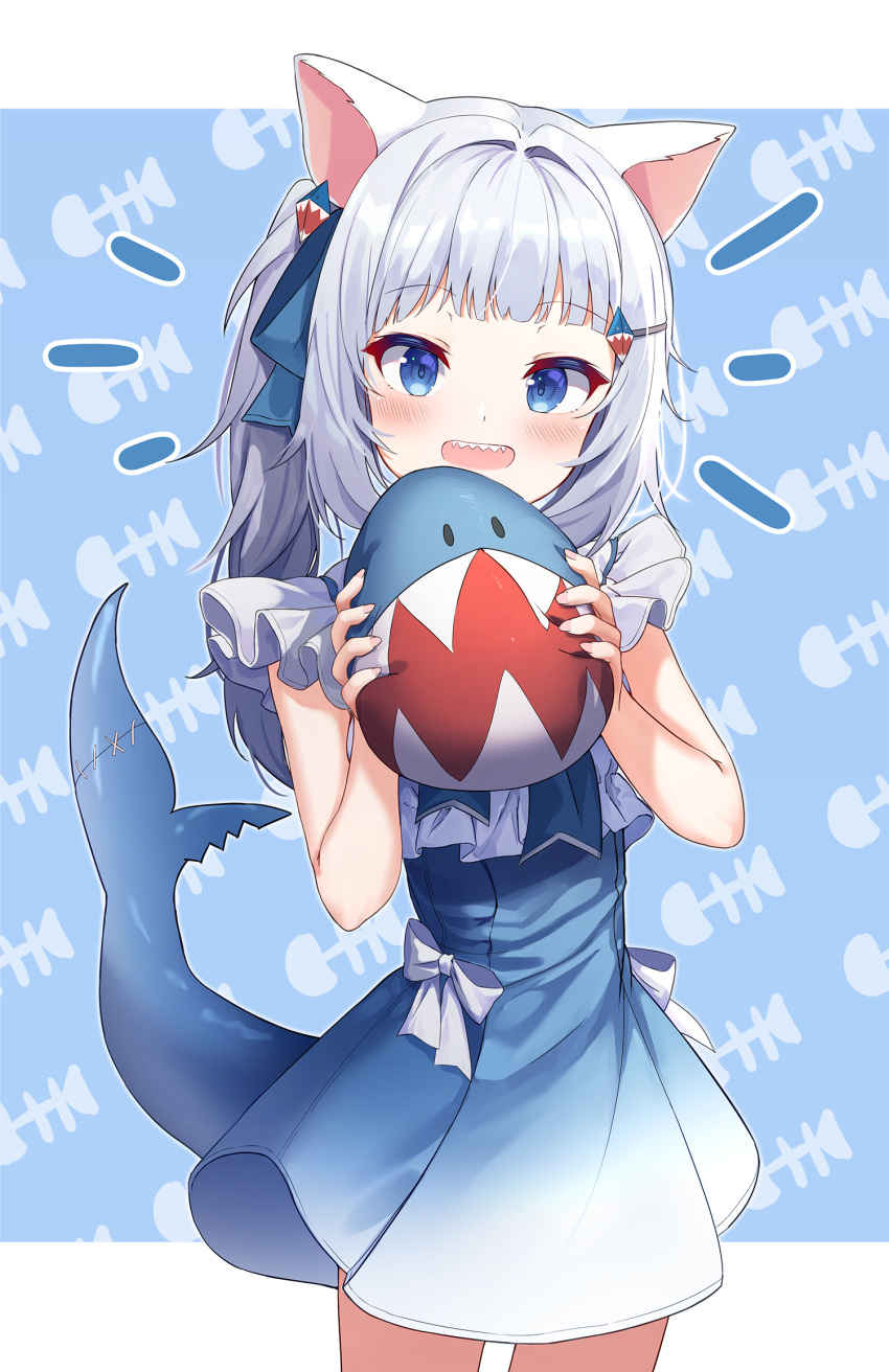 1girl :d animal_ears animal_pillow bangs blue_background blue_dress blue_eyes blush bow cat_ears commentary_request cowboy_shot dress eyebrows_visible_through_hair fish_tail gawr_gura hair_ornament hairclip hands_up highres holding hololive hololive_english long_hair looking_at_viewer official_alternate_costume open_mouth pillow seero shark_tail shiny shiny_hair silver_hair sleeveless sleeveless_dress smile solo tail white_bow white_dress
