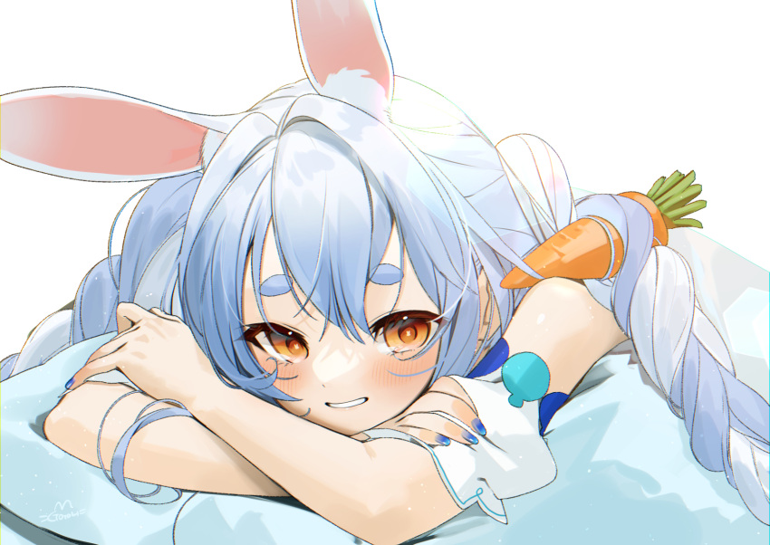 1girl animal_ears blue_hair blush braid bunny-shaped_pupils carrot carrot_hair_ornament food-themed_hair_ornament gotoh510 hair_ornament highres hololive long_hair looking_at_viewer portrait rabbit_ears simple_background smile solo teeth thick_eyebrows usada_pekora white_background yellow_eyes