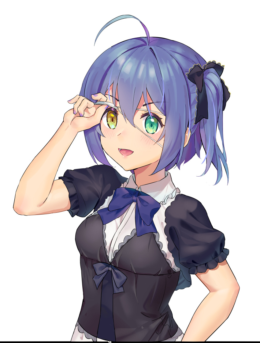 1girl :d absurdres ahoge alternate_costume bangs bh_zhu_baihe_hua black_bow black_shirt blue_bow blue_hair blue_nails blue_neckwear blush bow chuunibyou_demo_koi_ga_shitai! collared_shirt commentary_request dress eyebrows_visible_through_hair eyepatch eyepatch_lift frills green_eyes grey_background hair_bow hand_up heterochromia highres medical_eyepatch nail_polish one_side_up open_mouth puffy_short_sleeves puffy_sleeves shiny shiny_hair shirt short_hair short_sleeves smile solo takanashi_rikka upper_body white_background yellow_eyes