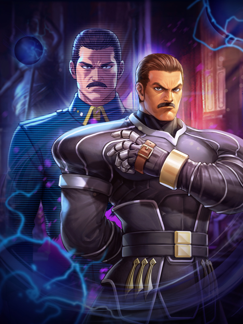 1boy brown_eyes brown_hair facial_hair fighting_game hair_slicked_back hand_on_hip highres looking_at_viewer male_focus military military_uniform multiple_persona muscular muscular_male mustache official_art snk solo the_king_of_fighters the_king_of_fighters_2000 the_king_of_fighters_all-stars uniform zero_(kof)