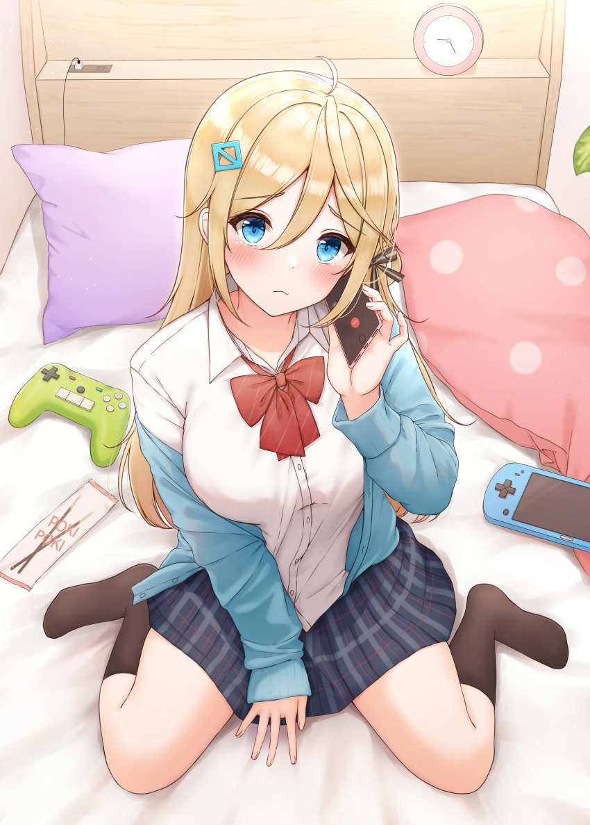1girl absurdres bed black_legwear blonde_hair blue_cardigan blue_eyes blue_skirt blush bow bowtie cardigan clock closed_mouth collared_shirt commentary_request controller cover cover_page food hair_ornament hairclip highres holding holding_phone long_hair long_sleeves looking_at_viewer novel_cover on_bed original phone pillow plaid plaid_skirt pleated_skirt pocky red_bow red_neckwear school_uniform shirt sitting sitting_on_bed skirt socks solo wariza white_shirt yukiunag1