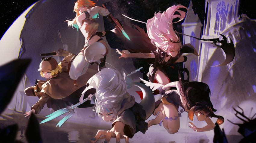 5girls baseball_cap black_dress black_hair blonde_hair blue_eyes blue_nails breasts brown_jacket cape closed_mouth commentary detached_sleeves dino_(dinoartforame) dress english_commentary fighting_stance fish_tail floating_hair full_body gawr_gura gun hat highres holding holding_gun holding_scythe holding_sword holding_trident holding_weapon hololive hololive_english holomyth hood hoodie jacket midriff mori_calliope multiple_girls navel night night_sky ninomae_ina'nis official_art orange_hair orange_shirt orange_skirt parted_lips pink_hair red_eyes ruins scythe second-party_source shark_tail shirt short_hair skirt sky star_(sky) starry_sky sword tail takanashi_kiara tentacle_hair thigh-highs thighs tiara torn_cape torn_clothes v-shaped_eyebrows water watson_amelia weapon white_hair white_thighhighs wings