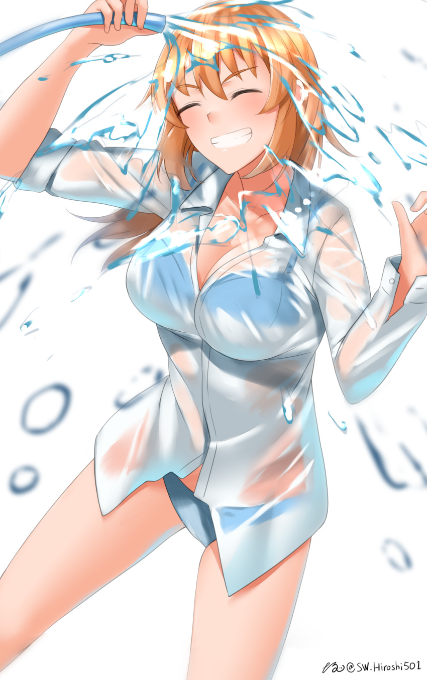 1girl artist_name blue_bra blue_panties blush bra breasts charlotte_e._yeager closed_eyes collarbone eyebrows_visible_through_hair grin highres hiroshi_(hunter-of-kct) hose large_breasts long_hair orange_hair panties parted_lips see-through shiny shiny_hair shirt simple_background smile solo strike_witches teeth underwear wet wet_clothes white_background white_shirt world_witches_series