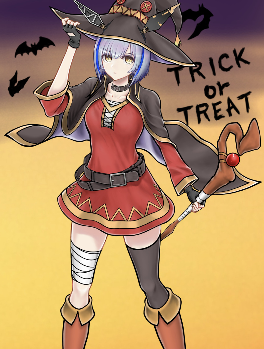 +_+ 1girl absurdres alternate_costume azur_lane bandaged_leg bandages bat belt black_choker black_gloves black_headwear black_legwear blue_hair brown_belt cape choker cosplay dress fingerless_gloves gascogne_(azur_lane) gloves gradient gradient_background halloween hat highres holding holding_clothes holding_hat holding_staff kono_subarashii_sekai_ni_shukufuku_wo! megumin megumin_(cosplay) multicolored_hair red_dress short_dress short_hair single_thighhigh solo staff streaked_hair thigh-highs tomozou-1971 trick_or_treat witch_hat yellow_background yellow_eyes