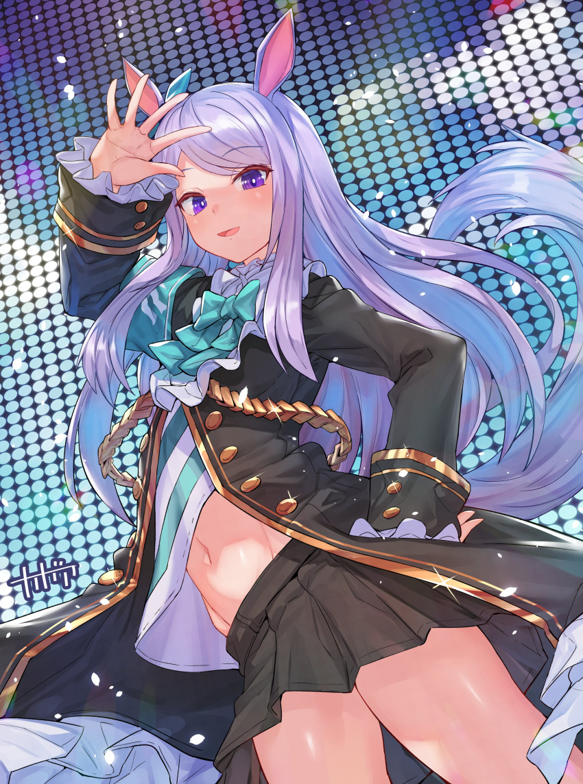 1girl absurdres animal_ears arm_up arpeggio_kaga commentary_request groin hair_ornament highres horse_ears horse_girl horse_tail jacket long_hair looking_at_viewer mejiro_mcqueen_(umamusume) navel purple_hair ribbon solo stage tail umamusume violet_eyes