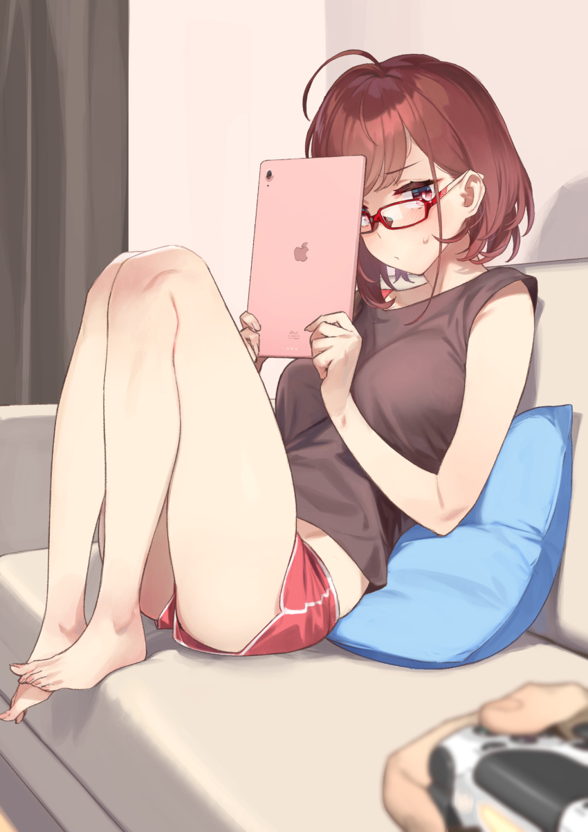 1girl 92m absurdres ahoge bare_legs barefoot black_tank_top blurry blurry_foreground blush breasts brown_hair controller couch cushion dolphin_shorts eyebrows_visible_through_hair feet_on_chair from_side full_body game_controller glasses highres indoors ipad large_breasts leaning_back legs legs_folded midriff midriff_peek original pillow playstation_controller red-framed_eyewear red_eyes red_shorts short_hair short_shorts shorts sitting solo sweatdrop tablet_pc tank_top
