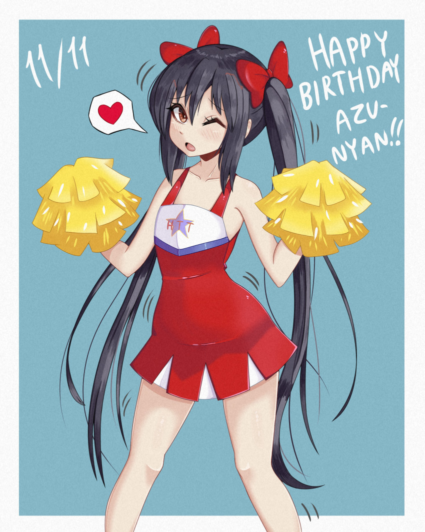1girl absurdres black_hair bow brown_eyes cheerleader collarbone dated eyebrows_visible_through_hair hair_bow happy_birthday heart highres k-on! long_hair looking_at_viewer nakano_azusa one_eye_closed open_mouth red_bow solo speech_bubble spoken_heart twintails young_savage