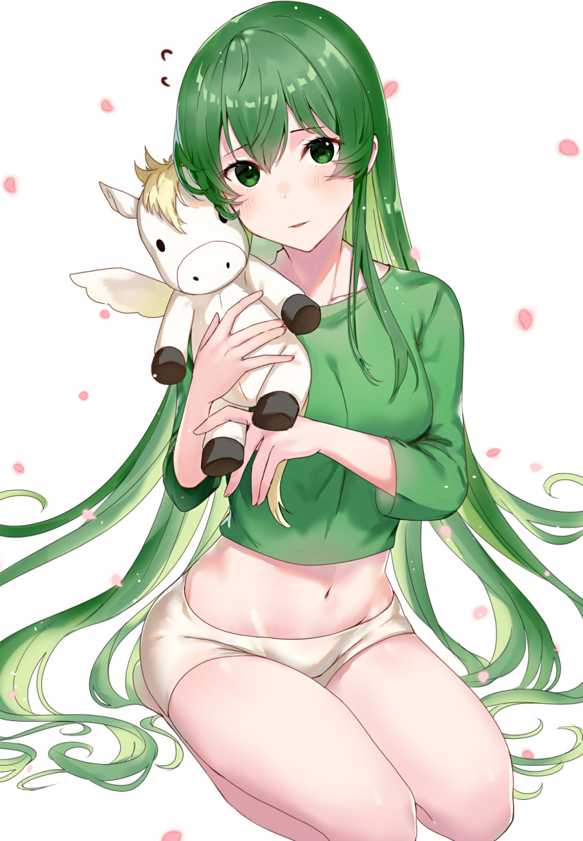 1girl bangs blush erinys_(fire_emblem) fire_emblem fire_emblem:_genealogy_of_the_holy_war green_eyes green_hair green_shirt haru_(nakajou-28) highres holding long_hair looking_at_viewer midriff navel shirt simple_background smile stuffed_animal stuffed_toy very_long_hair white_background