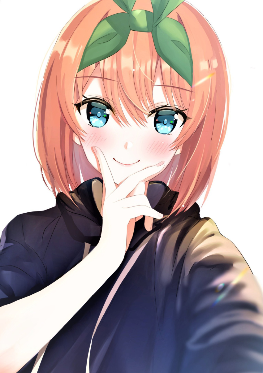 1girl bangs black_hoodie blue_eyes blush closed_mouth commentary_request eyebrows_visible_through_hair go-toubun_no_hanayome green_ribbon hair_between_eyes hair_ribbon highres hood hoodie long_sleeves looking_at_viewer nakano_yotsuba orange_hair pink_nails reaching_out rei_(ilust9999) ribbon selfie short_hair simple_background smile solo upper_body v_over_mouth white_background