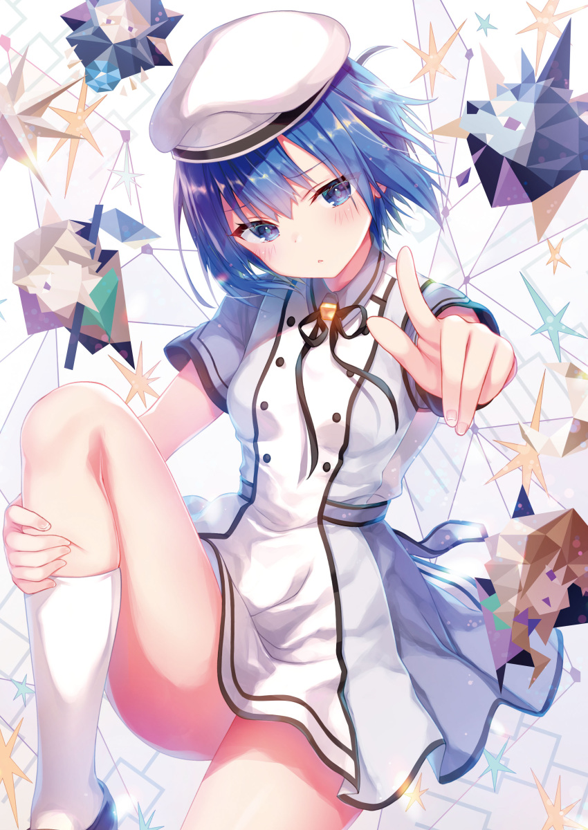 1girl blue_eyes blue_hair eyebrows_visible_through_hair hand_on_own_leg highres konomi liar_liar pointing seifuku short_hair skirt_lift socks thighs white_socks